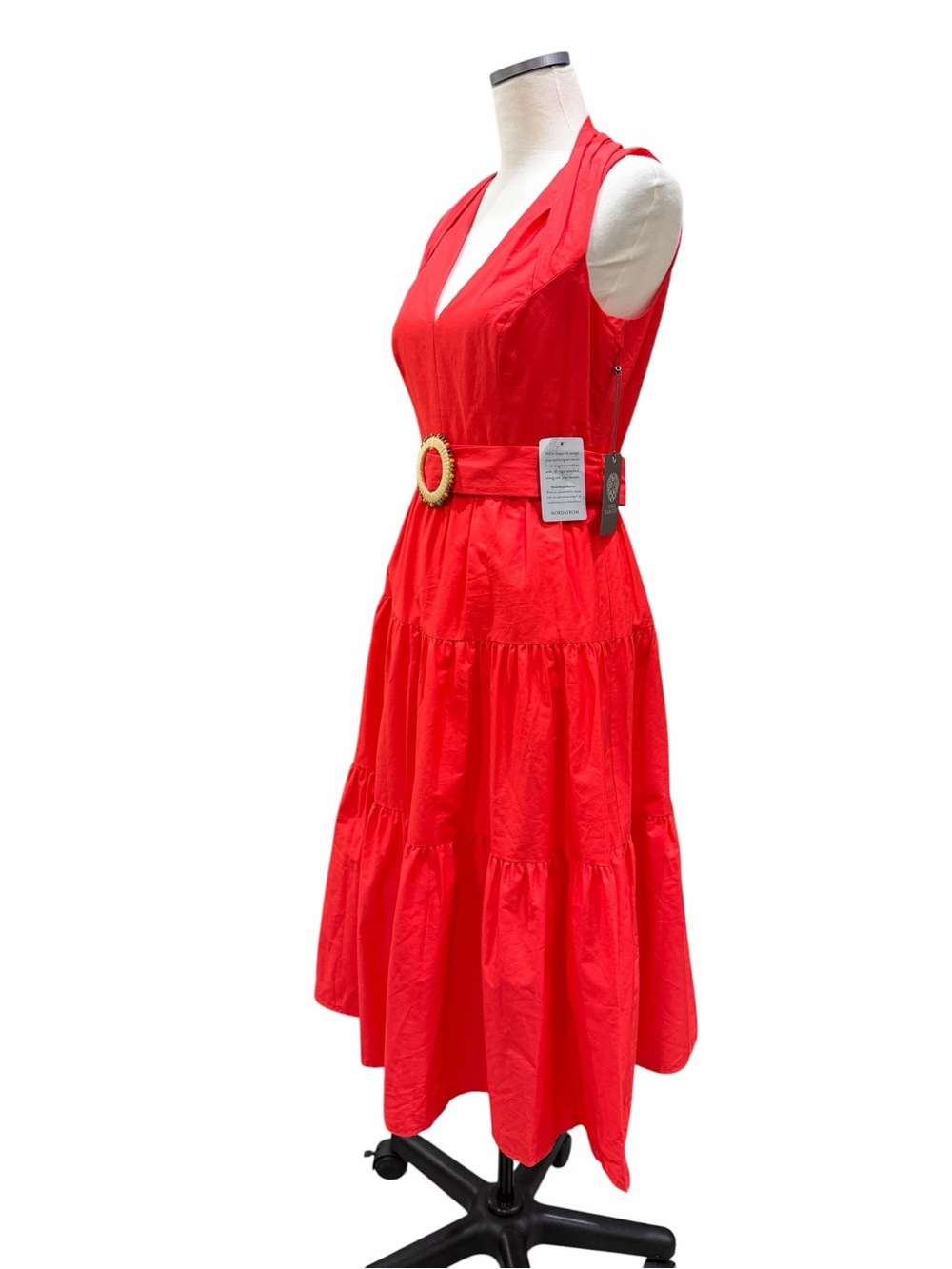 Vince Camuto Pleat Neck Cotton Midi Dress Belted Tiered Poppy Red 4 NWT - Picture 3 of 16